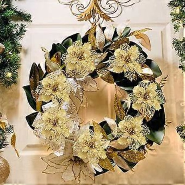 16 stk. Glitter Blomst Juletrepynt Blomster Trepynt Juledekor Gull