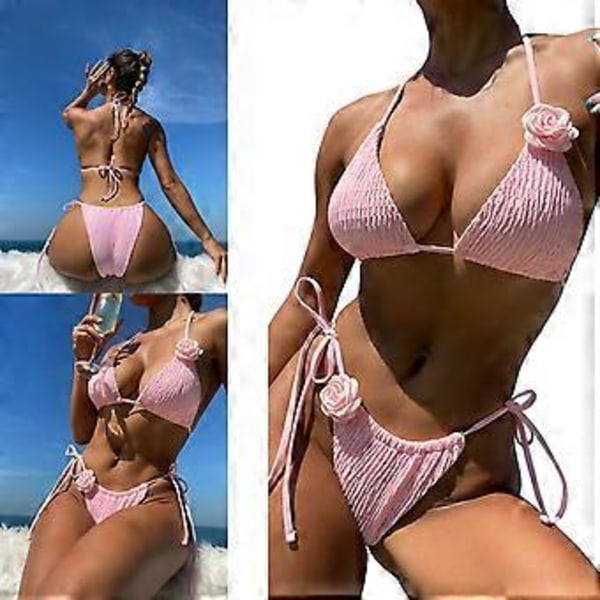 Dame Trekant Bikinis 3D Blomster Badetøj Halterneck Bikinis Top og Sidebind Justerbar, Todelt Badedragt Pink M(M )