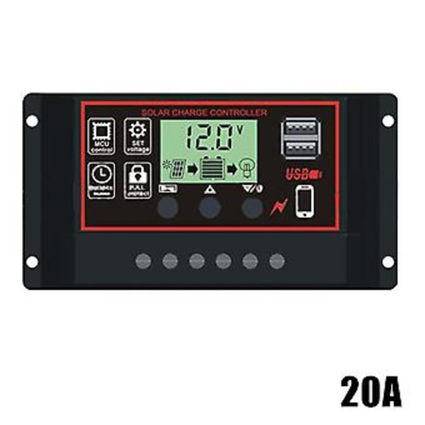 60A/50A/40A/30A/20A/10A Solcelleladningsregulator Automatisk PWM-regulatorer LCD-display Dobbelt USB-udgang (Sort)