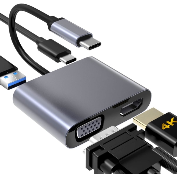 USB C - VGA HDMI -sovitin, 4-in-1 Type C -keskitin VGA HDMI 4K UHD:lle
