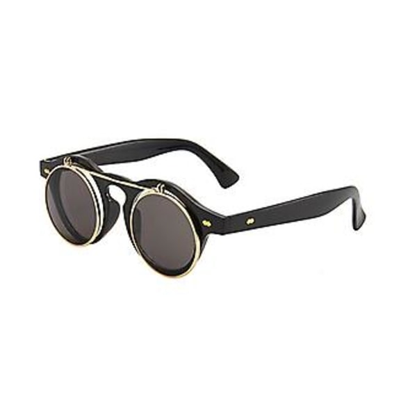 Ylös kääntyvät linssit Steampunk pyöreät aurinkolasit Retro-kehys Kirkkaat Miesten Naisten Kulta (Kirkas Musta/Harmaa Linssi)