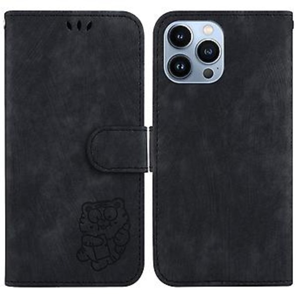 Embosset Lærveske For iPhone 15 Pro Max (Svart)