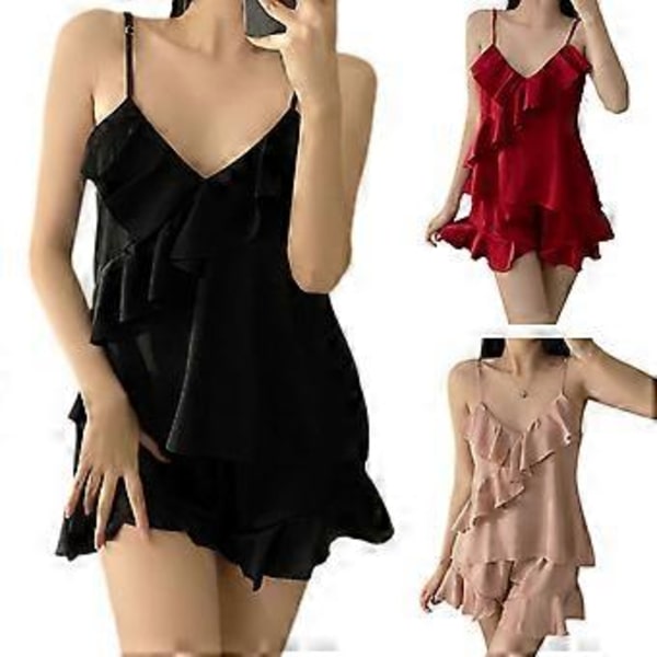 Ærmeløs Natkjole med Åben Ryg, V-Hals, Sexet Nattøj, Ensfarvet, Åndbar Pyjamas, Satin Top Shorts Sæt til Kvinder Sort XL(XL Sort)