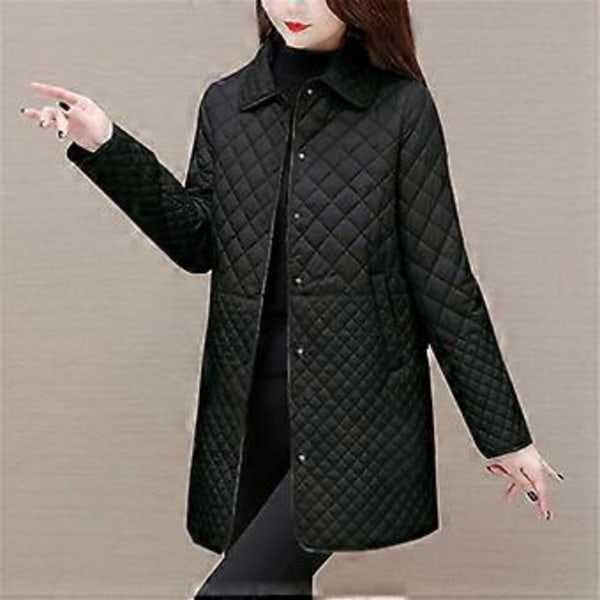Høst Vinter Dame Medium Til Lang Størrelse Diamantmønstret Bomullsjakke Ensfarget Casual Tykk Varm Langermet Jakke (XXXXXL svart)