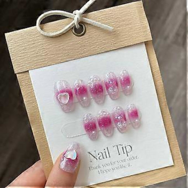 Långa Kista Handgjorda Rosa Falska Naglar Rhinestone Glitter Gradient Falska Naglar med Design 3D Kristall Metalliska Press On Naglar Glansiga Akryl för Kvinnor a