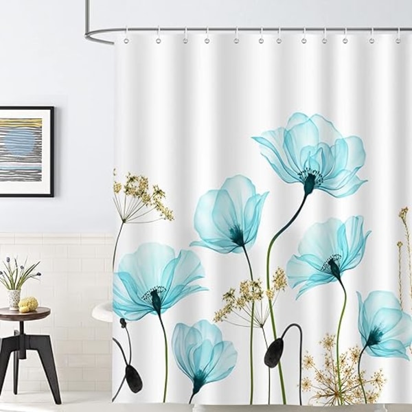 1 stk. Blå Blomster Bruseforhæng 180 x 180cm Bruseforhæng Polyest