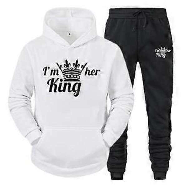 King Queen -collegepaita-setti miehille ja naisille, vapaa-ajan urheiluhupparisetti, kaksiosainen asu -NMAOV (2XL KING valkoinen ja musta)
