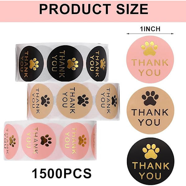 3 kpl 1500 pakkausta koiran tassukuvioitua kraftpaperia Kiitos-tunnisteet 2,5 cm f