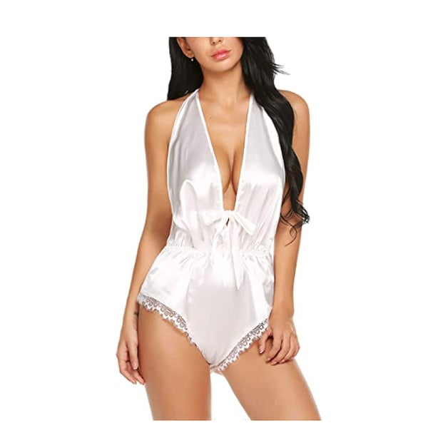 Kvinners Lingerie Satin Bodysuit Teddy Babydoll One Piece Halter Paj