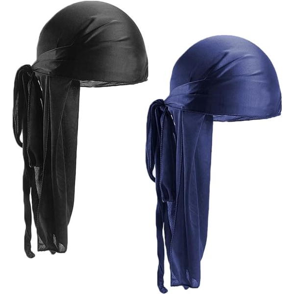 2 st Svart Blå Silkes Durag Unisex Mössa Hat Durag för Män Kvinnor