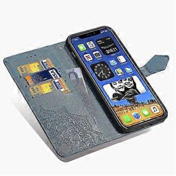 Iphone 11 Etui Læder Wallet Cover Præget Mandala Magnetisk Flip Beskyttelse Stødsikker - Blå