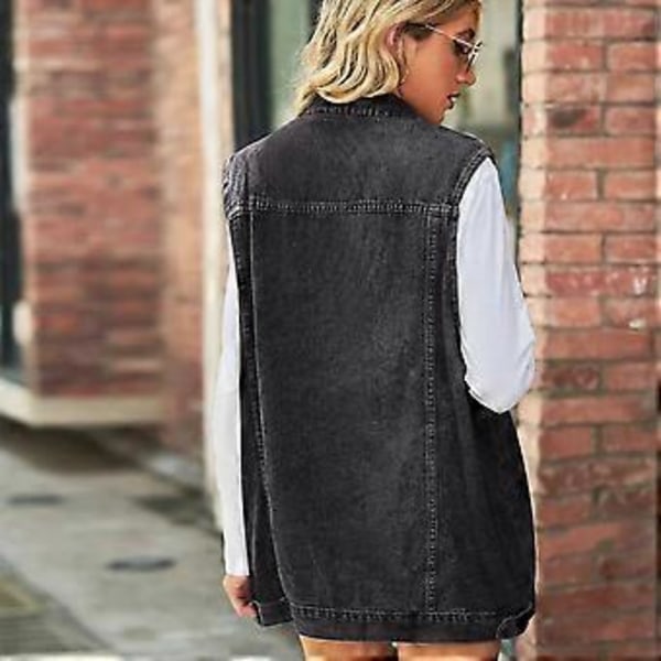 Moderigtig denim vest til kvinder ærmeløs afslappet løs lang jeans jakke frakke street hipster dame tøj XS-XL(L blå)
