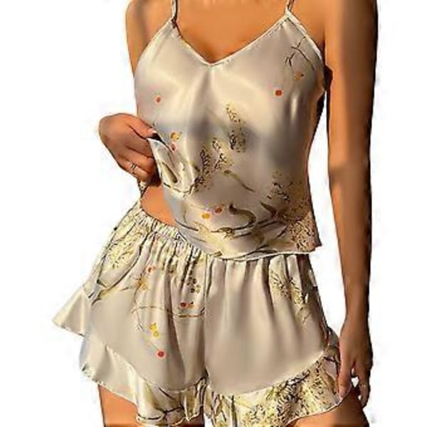 Dam Cami Pyjamas Set V-ringad Ärmlös Linne Pjs Körsbärsmönstrad Sovkläder (L grå)