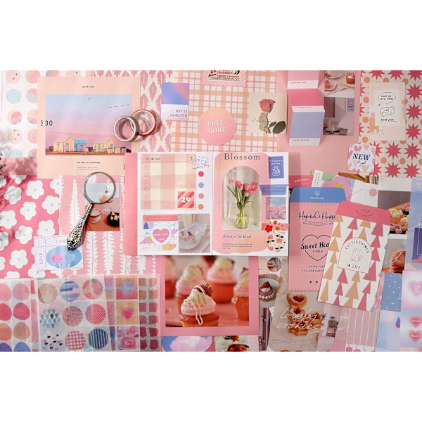 344 kappaletta Scrapbooking-tarvikesarja, vaaleanpunainen Kawaii Bullet Journal Scrapbook-sarja A6-ruudukolviholla