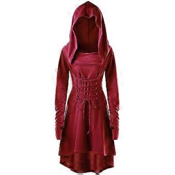 Kvinders Renaissance Kostume Gotisk Hættekappe Snøre Vintage Goth Hoodies Lang Hoody Kjole Kappe (2XL Vinrød)