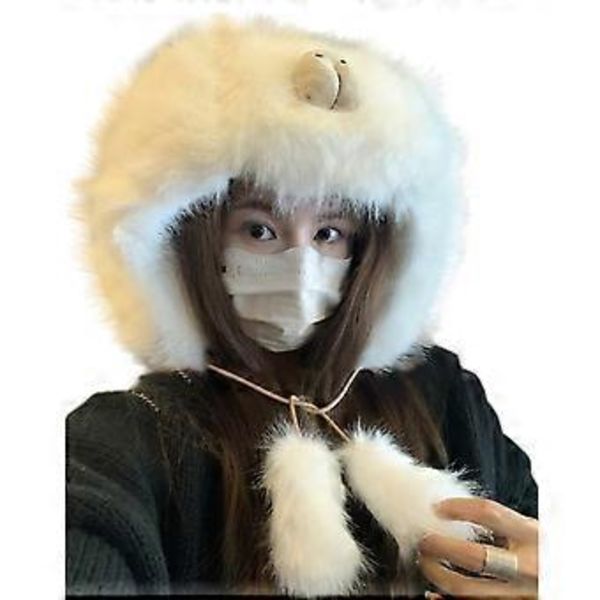 Pörröinen pehmoinen sarjakuvahattu talveen Fleecevuorellinen päähine Cosplay-asu Hattu Unisex Trapper-hattu vuorikiipeilyyn Valkoinen (Valkoinen)