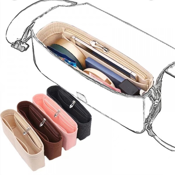 M Beige Multi-Pocket Dame Slip-Pocket Filt Stof Tote