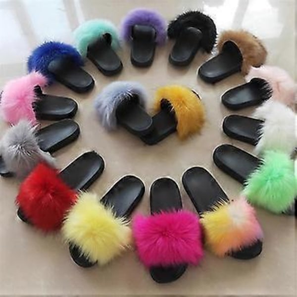 Flerfarvede dame slippers i imiteret pels, søde pels sandaler med åben tå, komfortable pels sandaler med fluffy pels (STØRRELSE 42-43 1)