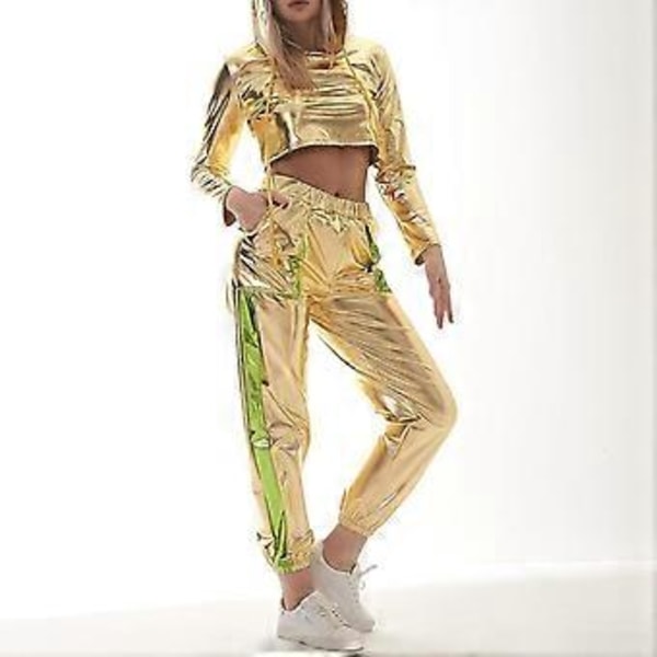 Rave Outfit til Kvinder, Skinnende Cropped Top Hættetrøje, Metalliske Afslappede Lange Bukser, Hætteklædt Trænings Sweatshirt, Disco Danse Clubwear (Medium Guld - Fluorescerende Grøn)