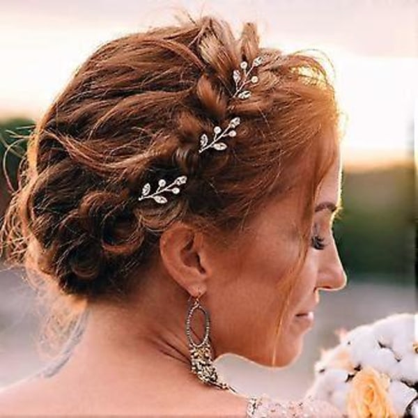6 Stycken Pärl Kristall Brudhårnålar Strass Blomma Bröllop Håraccessoar (Guld)