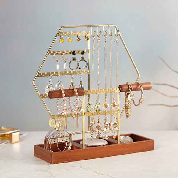 Guld Smykke Display Stativ - Hexagonal Smykke Træ - 7 Dyr - Ørering Holder - Organizer med Ch