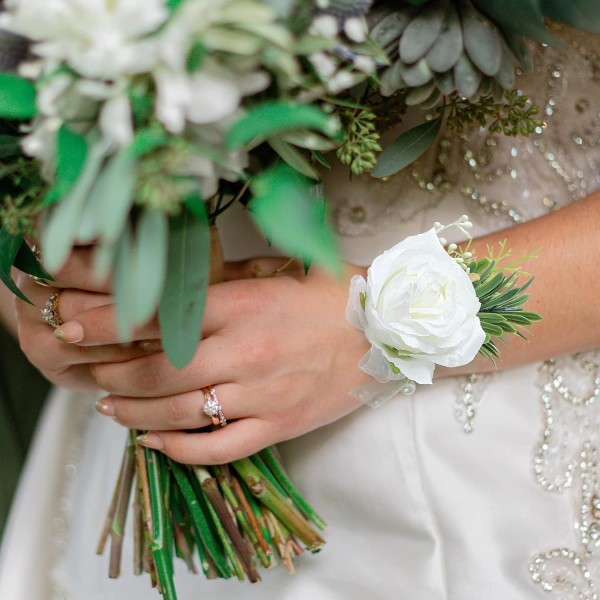 (4 håndledsremme, hvid) 4 pakke hvide kunstige rosenblomster til bryllup, ceremoni, galla, fest tilbehør