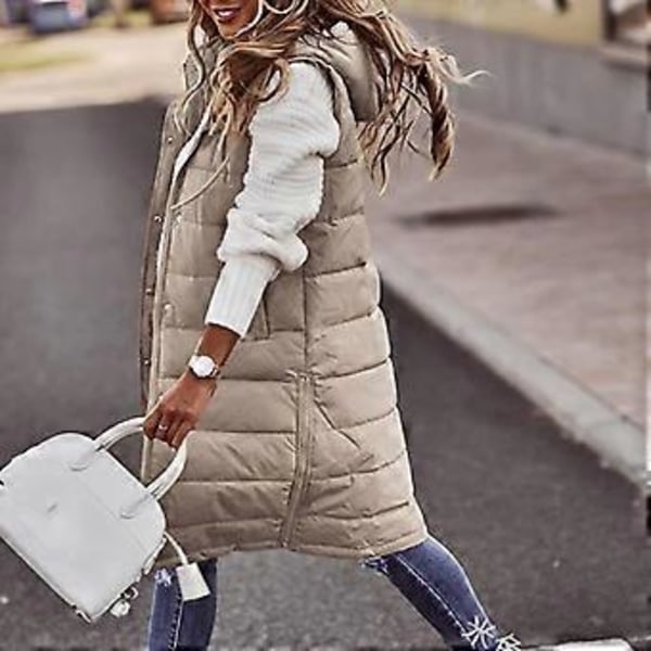 Lett Vintergenser Lang med Hette Utendørs Vest Dunjakke Vattert Kåpe Ensfarget Hette Ermeløs Jakke for Dame (XXXXL beige)