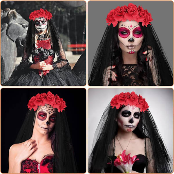 1 st röd pannband Day of the Dead, Halloween gotisk huvudbonad ros