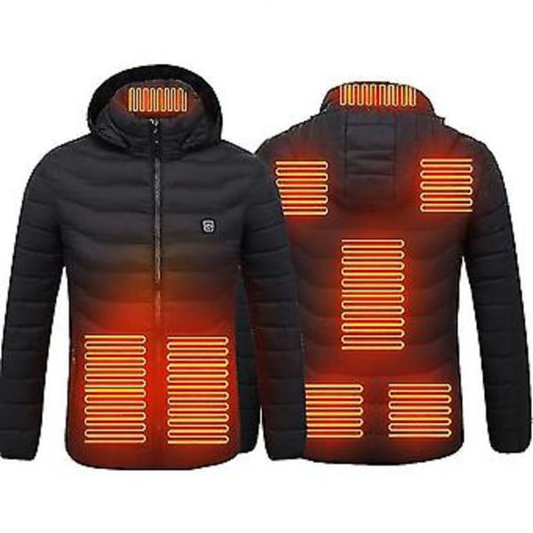 Opvarmet Jakke, Vinter Udendørs Varmt Elektrisk Opvarmningsjakke, 8 Opvarmningszoner (2XL Sort)