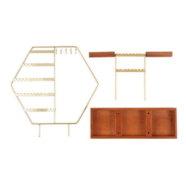 Guld Smykke Display Stativ - Hexagonal Smykke Træ - 7 Dyr - Ørering Holder - Organizer med Ch