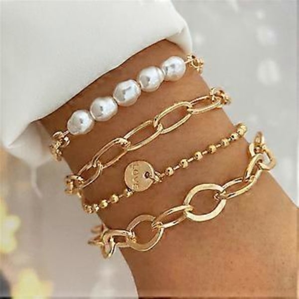 3-pack Geometriskt Pärlarmband Geometrisk Länk Kedjearmband Handgjorda Justerbara Smycken Present till Trendiga Kvinnor (HS533 4)