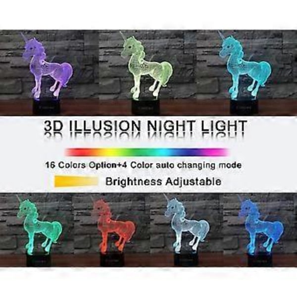 Enhjørning (D) 3D Illusions nattlys leker, 16 farger skifter smart berøring og fjernkontroll, hjemmedekor LED nattbord skrivebordslampe, jul bursdag