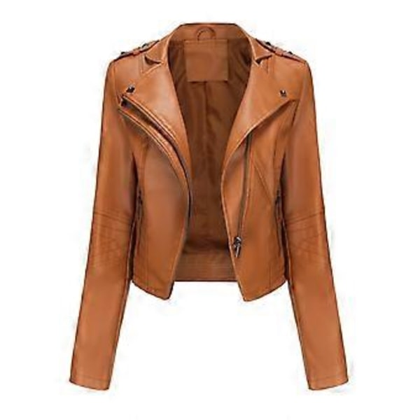 Damjackor Nitar Faux Läder Kavajslag Dragkedja Bomberjacka Kort Slim Fit Motorcykeljacka Casual Street Ytterkläder (M camel)