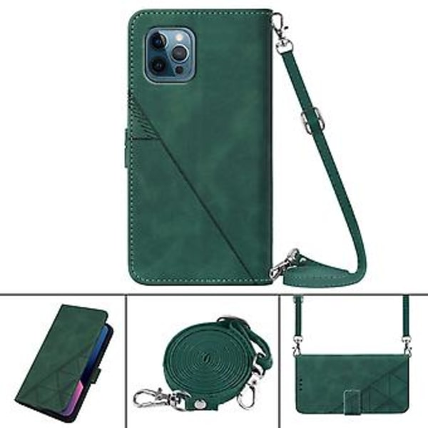Crossbody Embosseret Etui Til iPhone 12 Pro Max (Mørkegrøn)