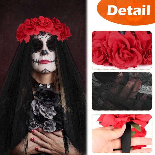 1 stk. Rød pandebånd Día de Muertos, Halloween gotisk hovedbeklædning rose