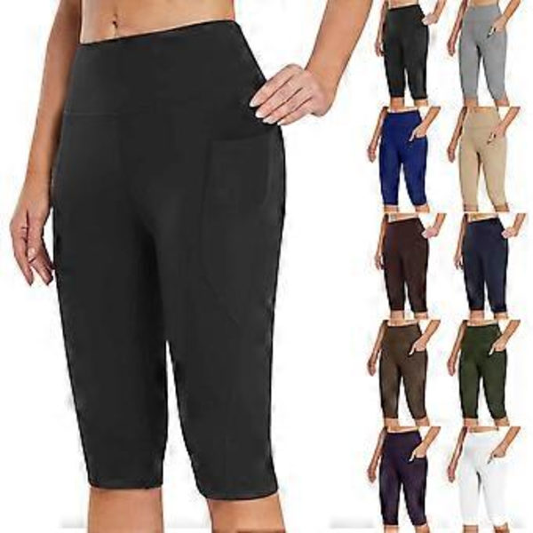 Naisten korkeavyötäröiset joogacapritaskuhousut, vatsaa tukevat, läpinäkymättömät treeniurheilucaprit juoksuleggingsit Musta XL (XL Musta)