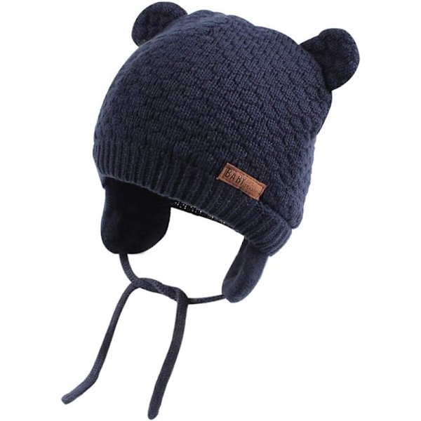 （L, 6-12 måneder, marineblå） Baby Hat Cute Bear Toddler Earflap Beanie War