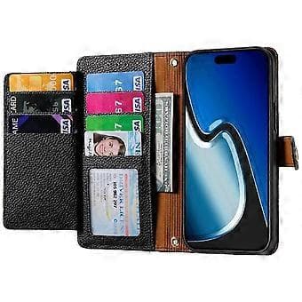 Etui til iPhone 15 Wallet Love Lanyard Lynlås Læder Etui - Sort Black