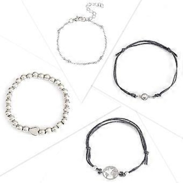 Sæt med 4 Boho Perlearmbånd med hjerte og kort og ædelsten Armbånd til kvinder og piger