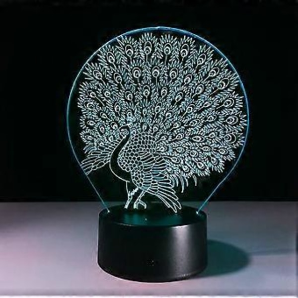3D Påfågel Nattlampa 7 Färgväxlande LED Bordlampa Jul Leksak Present