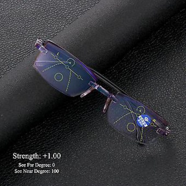 Rimless Anti Blåt Lys Progressive Multifokale Læsebriller Computer Briller (Styrke 1.00)