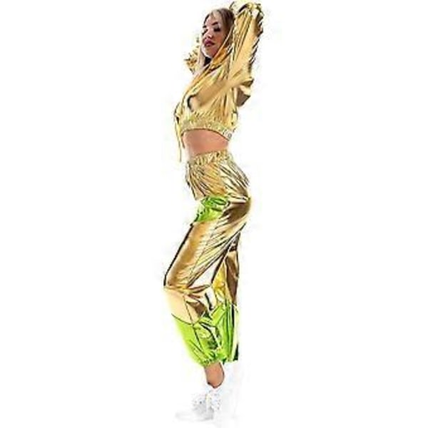 Rave-outfit för damer, glänsande crop top-hoodie, metalliska avslappnade långbyxor, hoodie-träningssweatshirt, discodans-klubbkläder (Large Gold)