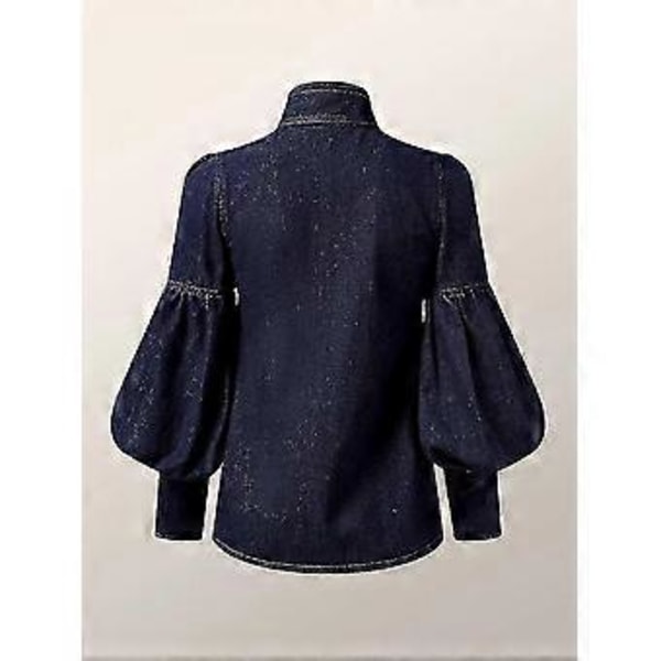 Modeimitation Denim Puffärmar Rosett Blusar Kvinnor Vår Höst Hög Hals (L)