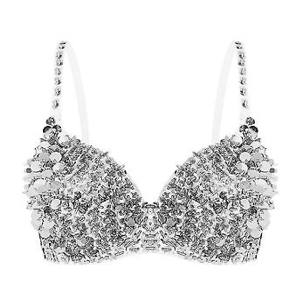 Kvinnors Glittrande Pärlor Padderad BH Toppar Magdans Kostym Festival Rave Party Showgirl Cabaret Prestanda Clubwear-r (34 B Lila)