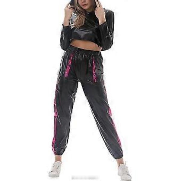 Rave-outfit för damer, glänsande crop top-hoodie, metalliska avslappnade långbyxor, hoodie-träningssweatshirt, discodans-klubbkläder (Medium Black -Rose)