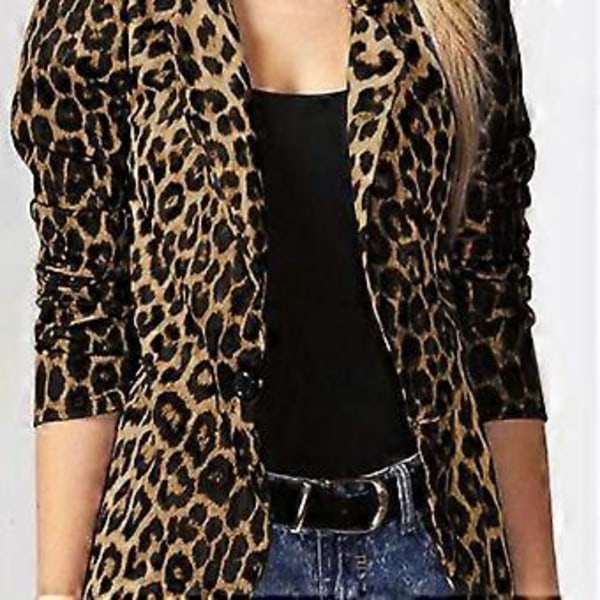 Dame Blazerdragt med nedfældelig krave, lange ærmer, leopardprint, løse knapper, plusstørrelser (XXL gul)
