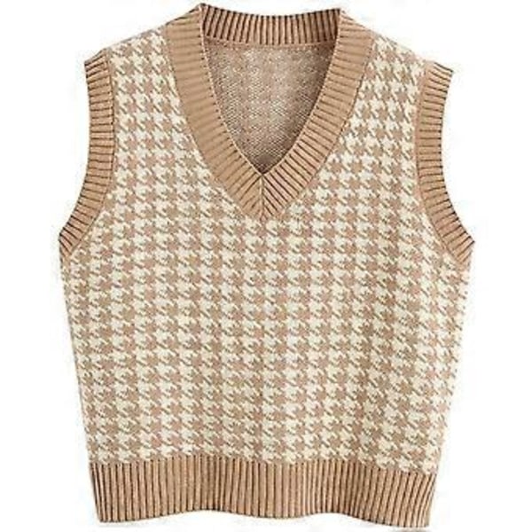 Dam Houndstooth-mönstrad Stickad Tröjväst Ärmlös Lös V-ringad 90-tals Väst Pullover Stickad Topp