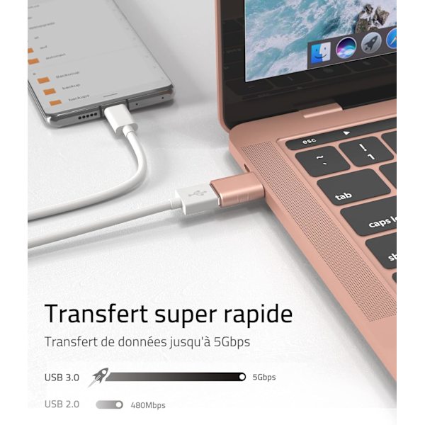 Rose Gold USB C til USB Adapter 2-pak USB C Han til USB3 Hun,