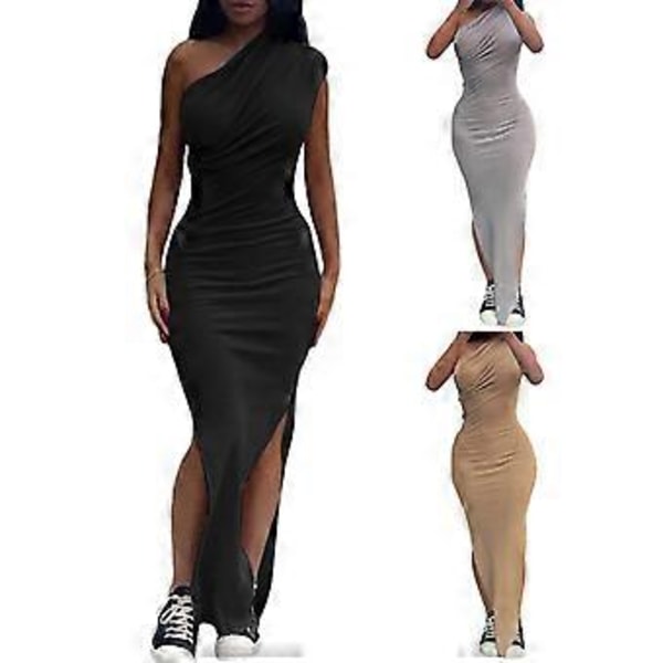 En skulder Off Split Lange Nederdele Maxis Ærmeløse Sexede Nederdele Ensfarvet Bodycon Flæsekjoler til Prom Galla Fester Grå XL(XL Grå)