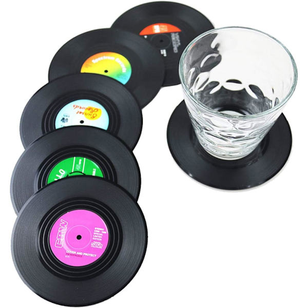 Sæt med 12 retro-glasunderlag til CD'er, sorte, under glas, underlag, coa